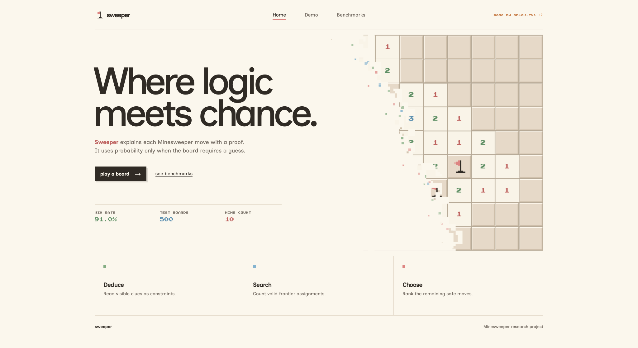 Sweeper homepage with a Minesweeper board and strategy statistics